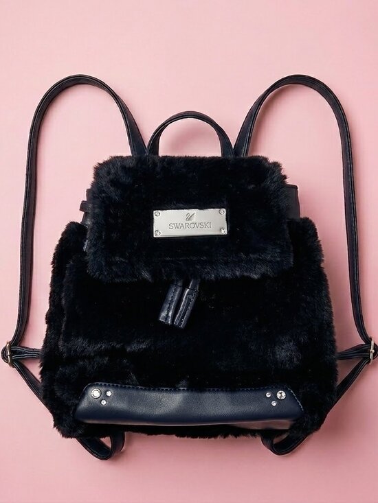 Swarovski Handbags - NWT Swarovski Vintage Midnight Blue Faux Fur Mini Backpack Purse